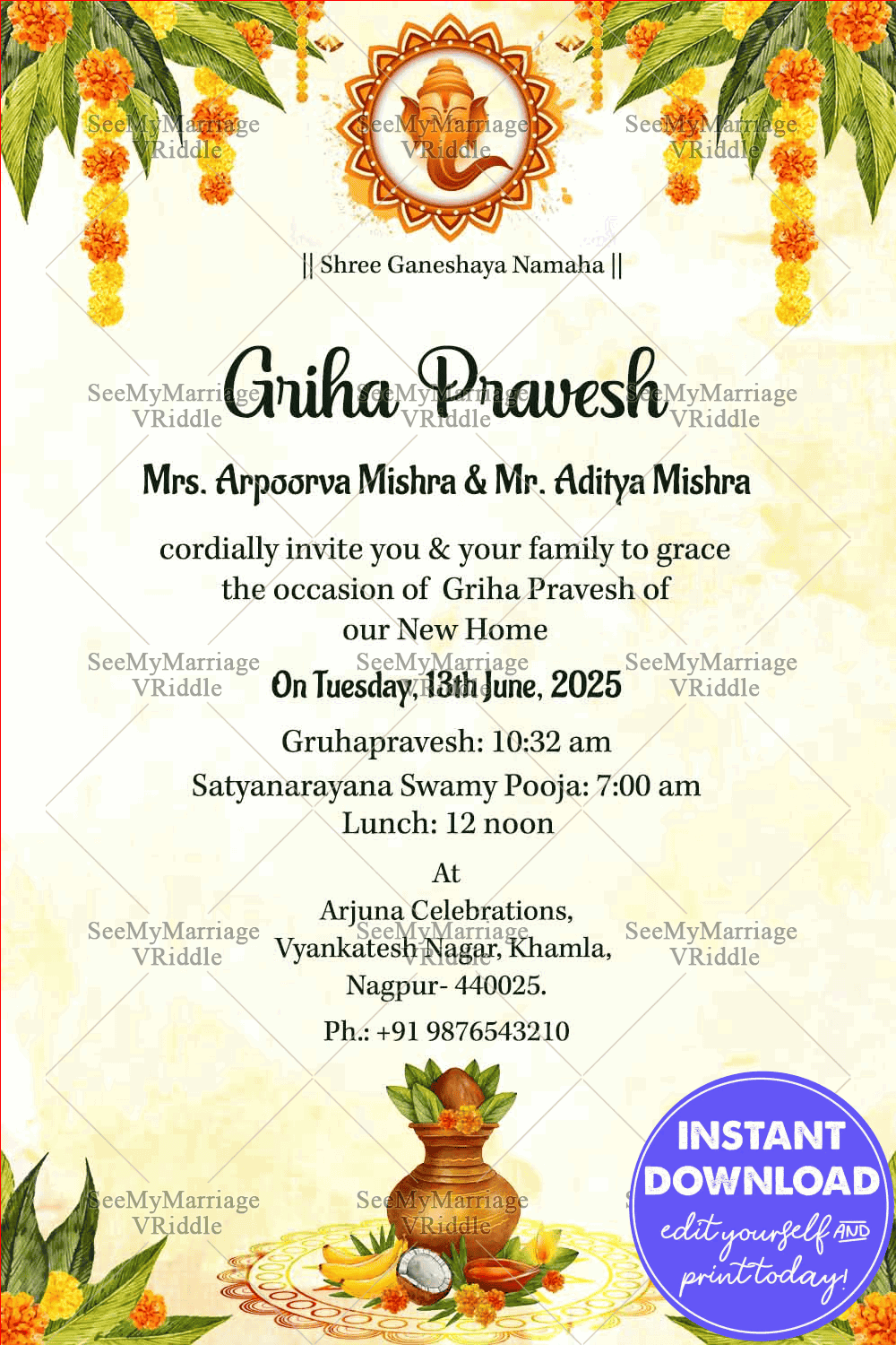 Ganesha Cream Housewarming Invitation Card Traditional Floral Accents SeeMyMarriage