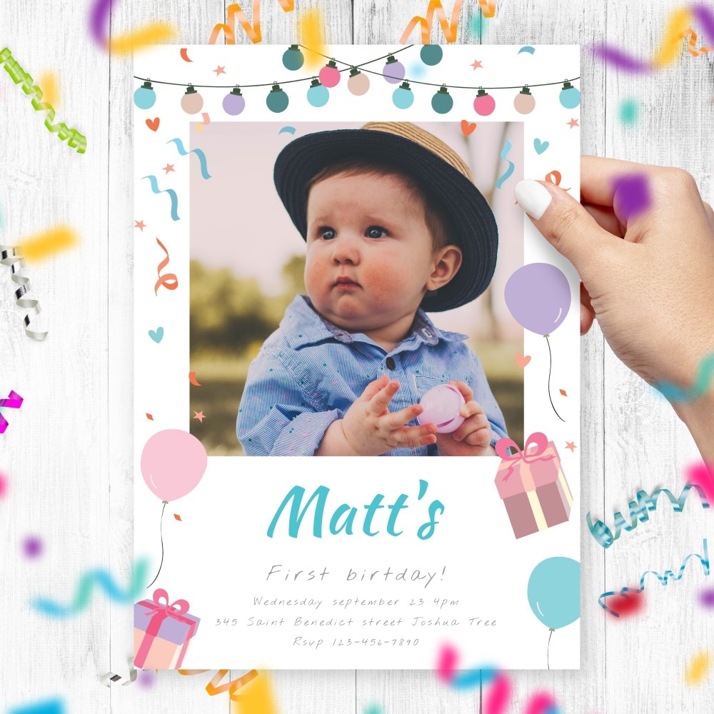 Garland Lights Boy First Birthday Invitation Template Online Maker