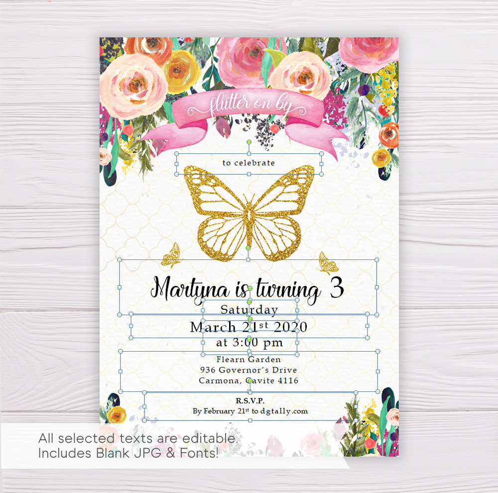 Gold Butterfly Invitation Template With Colorful Flowers Dgtally