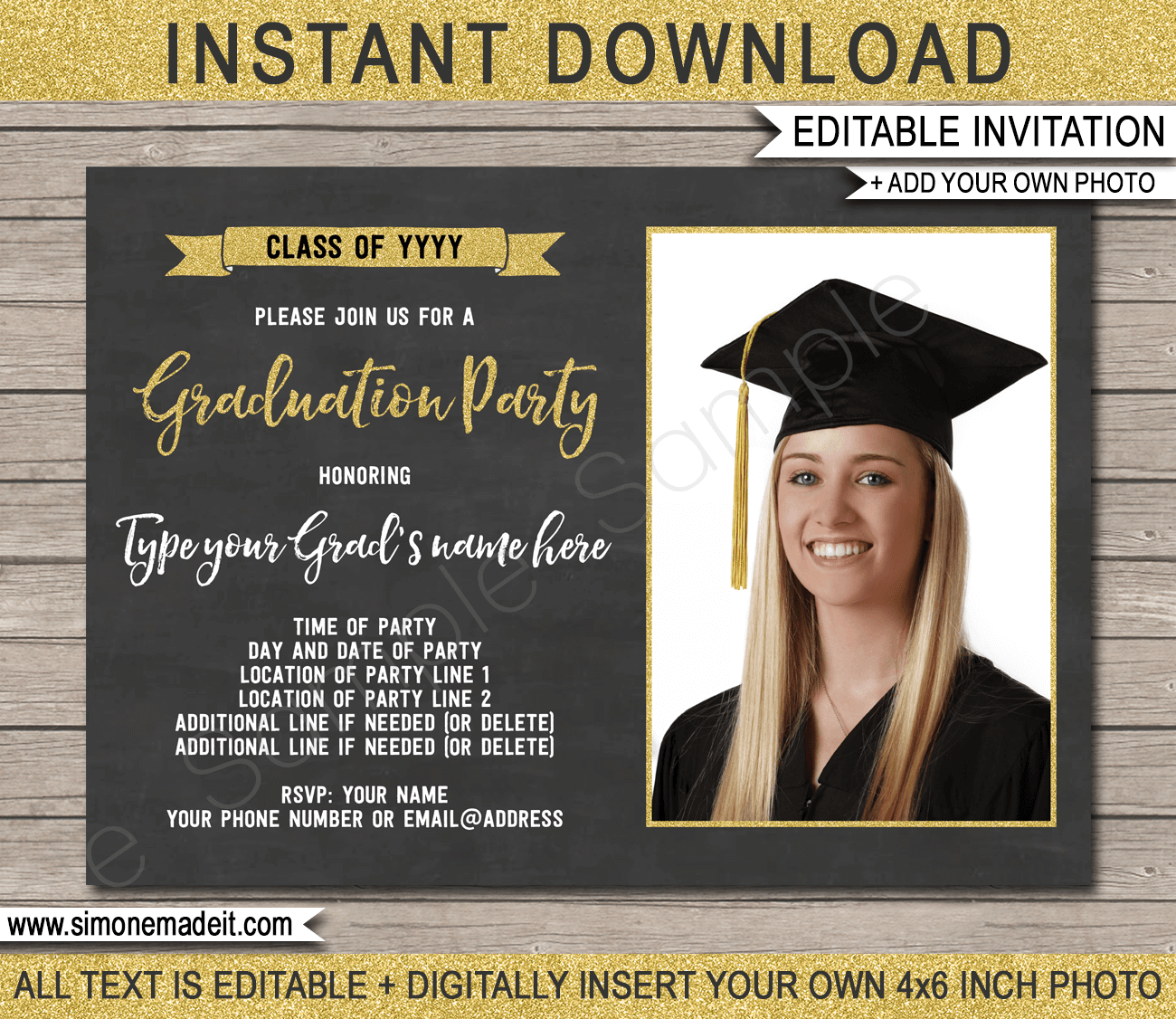 Graduation Photo Invitations Template Gold Glitter U0026 Chalkboard