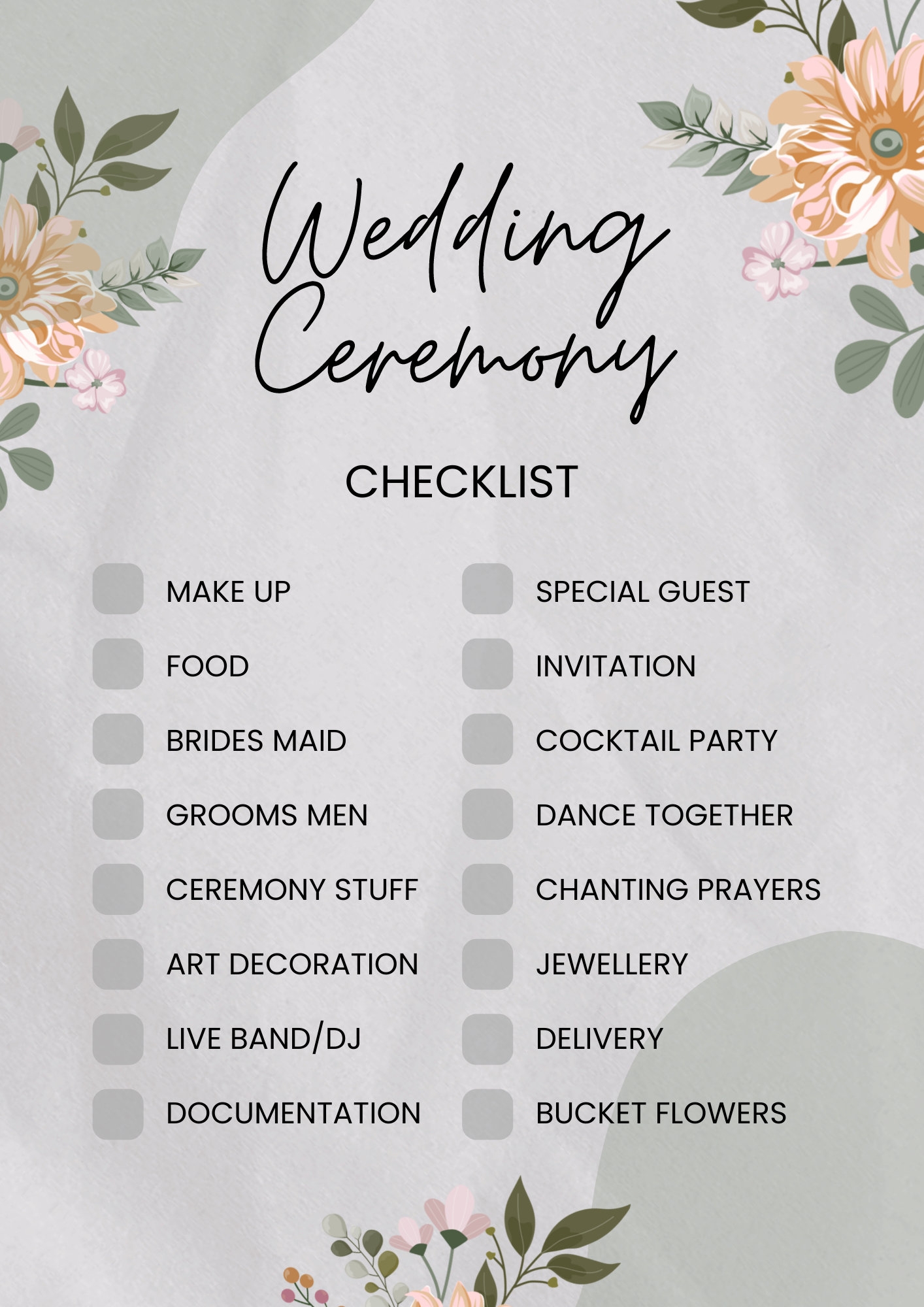 Gray Aesthetic Wedding Ceremony Checklist Wedding Checklist Printable 