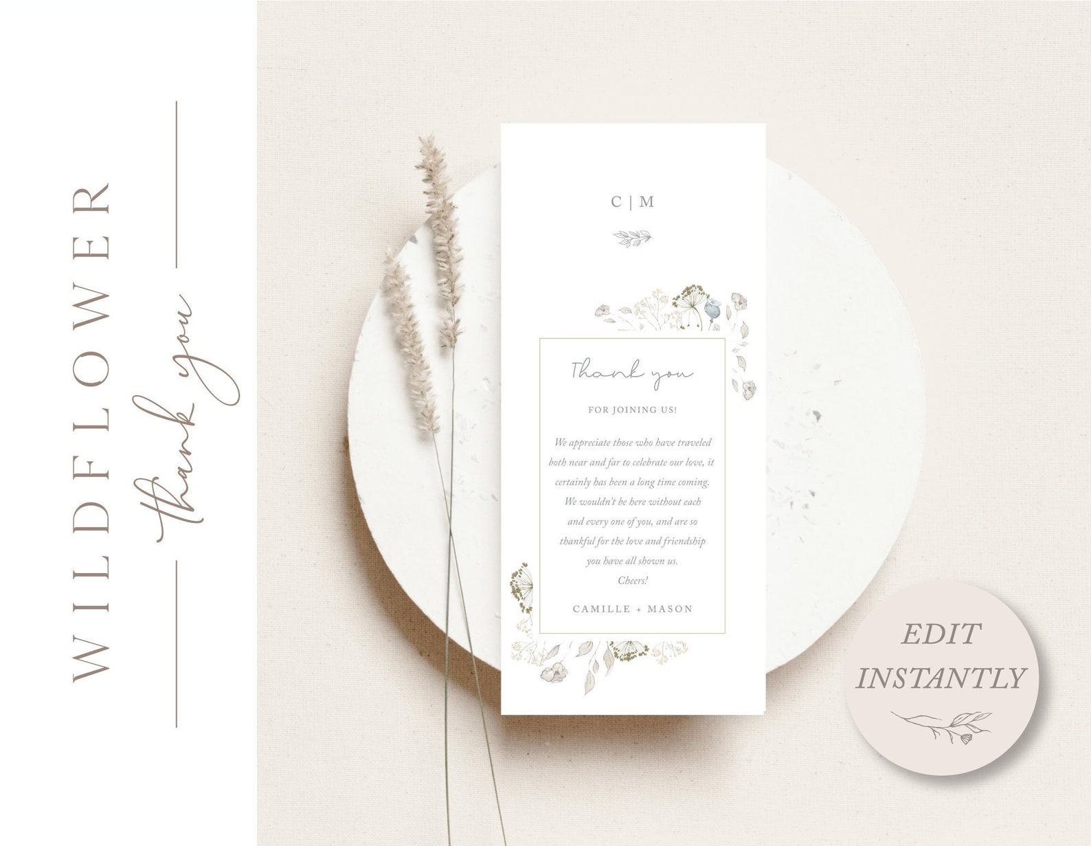 Gray Floral Thank You Card Template For Weddings Printable Etsy