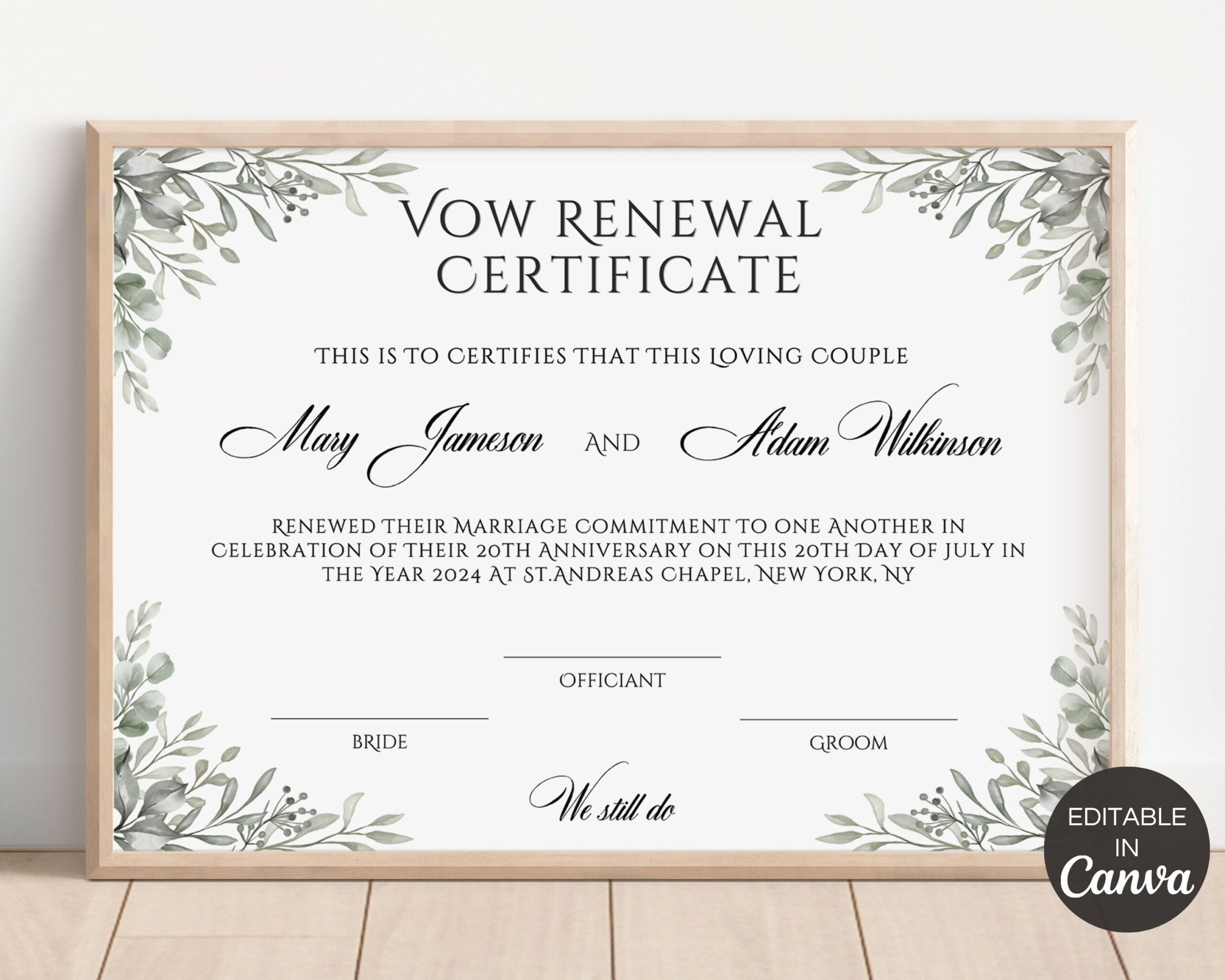 Greenery Vow Renewal Certificate Editable Wedding Vows Renewal 