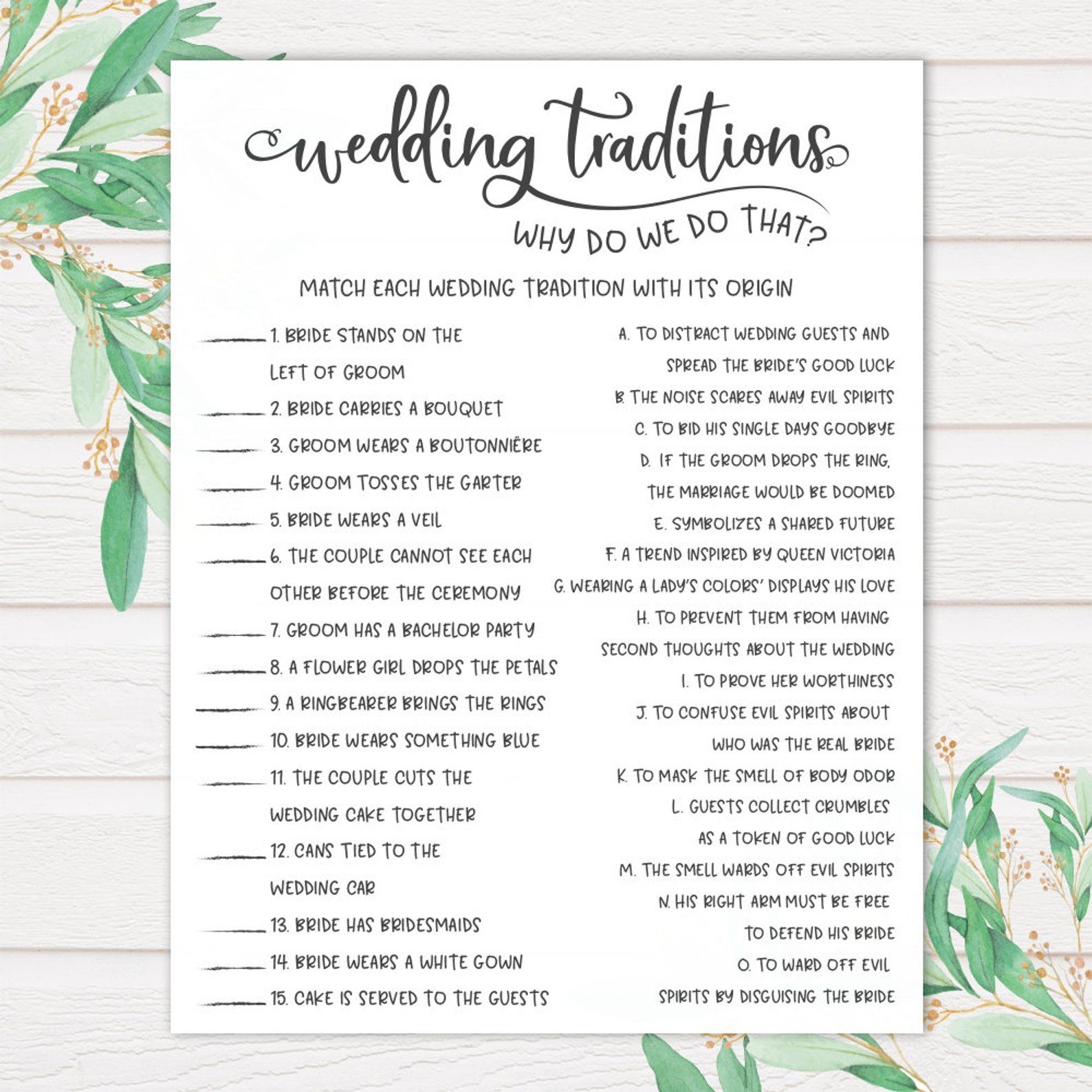 Grey Wedding Traditions Guessing Game Printable Why Do We Do Etsy 