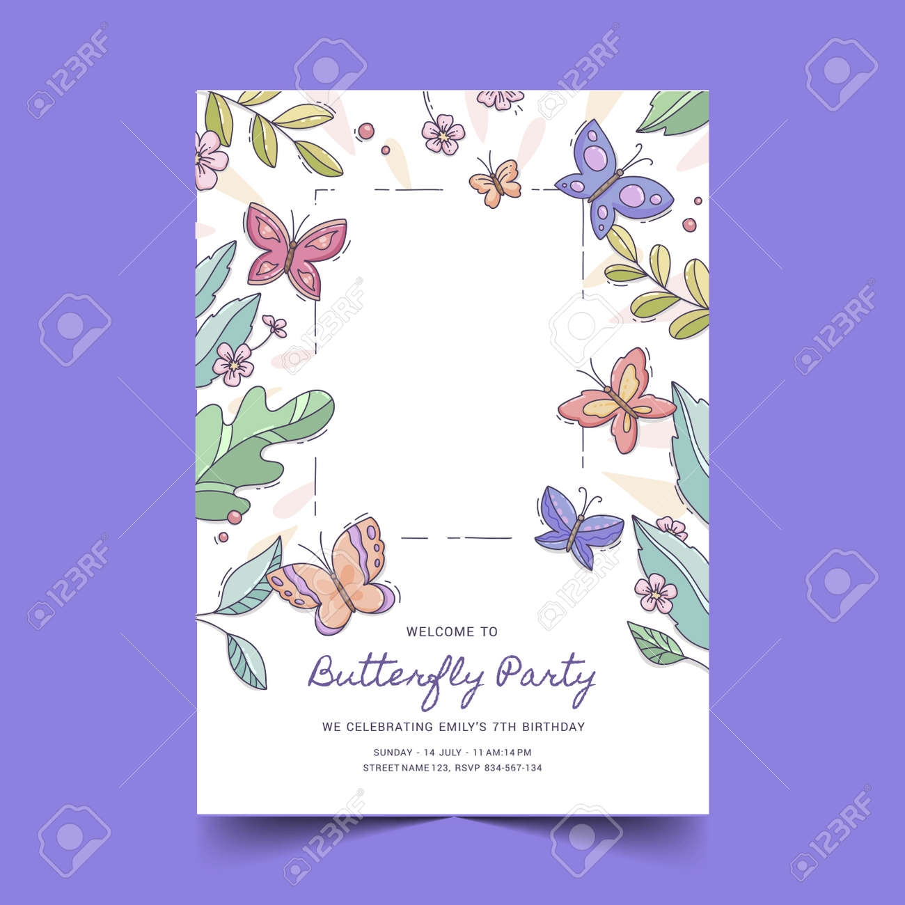 Hand Drawn Butterfly Birthday Invitation Template With Photo Vector Design Illustration Royalty Free SVG Cliparts Vectors And Stock Illustration Image 176487810 