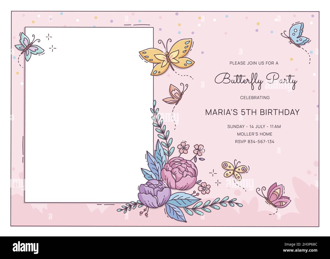 Hand Drawn Butterfly Birthday Invitation Template With Photo Vector Design Illustration Stock Vector Image U0026 Art Alamy