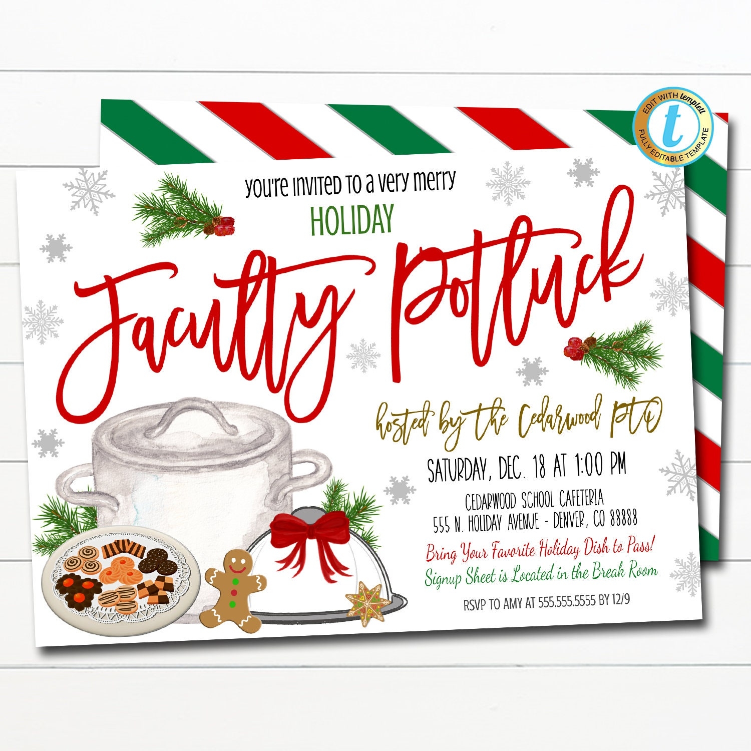 Holiday Faculty Potluck Invitation Christmas Event Invite School Teacher Staff Company Work Xmas Party Printable DIY EDITABLE TEMPLATE