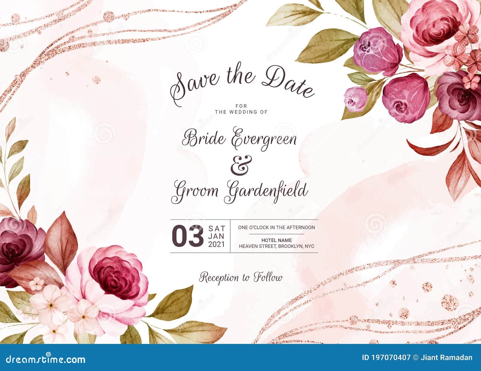 Horizontal Floral Wedding Invitation Template Set With Elegant Burgundy And Brown Roses Flowers And Leaves Decoration Botanic Stock Vector Illustration Of Frame Modern 197070407