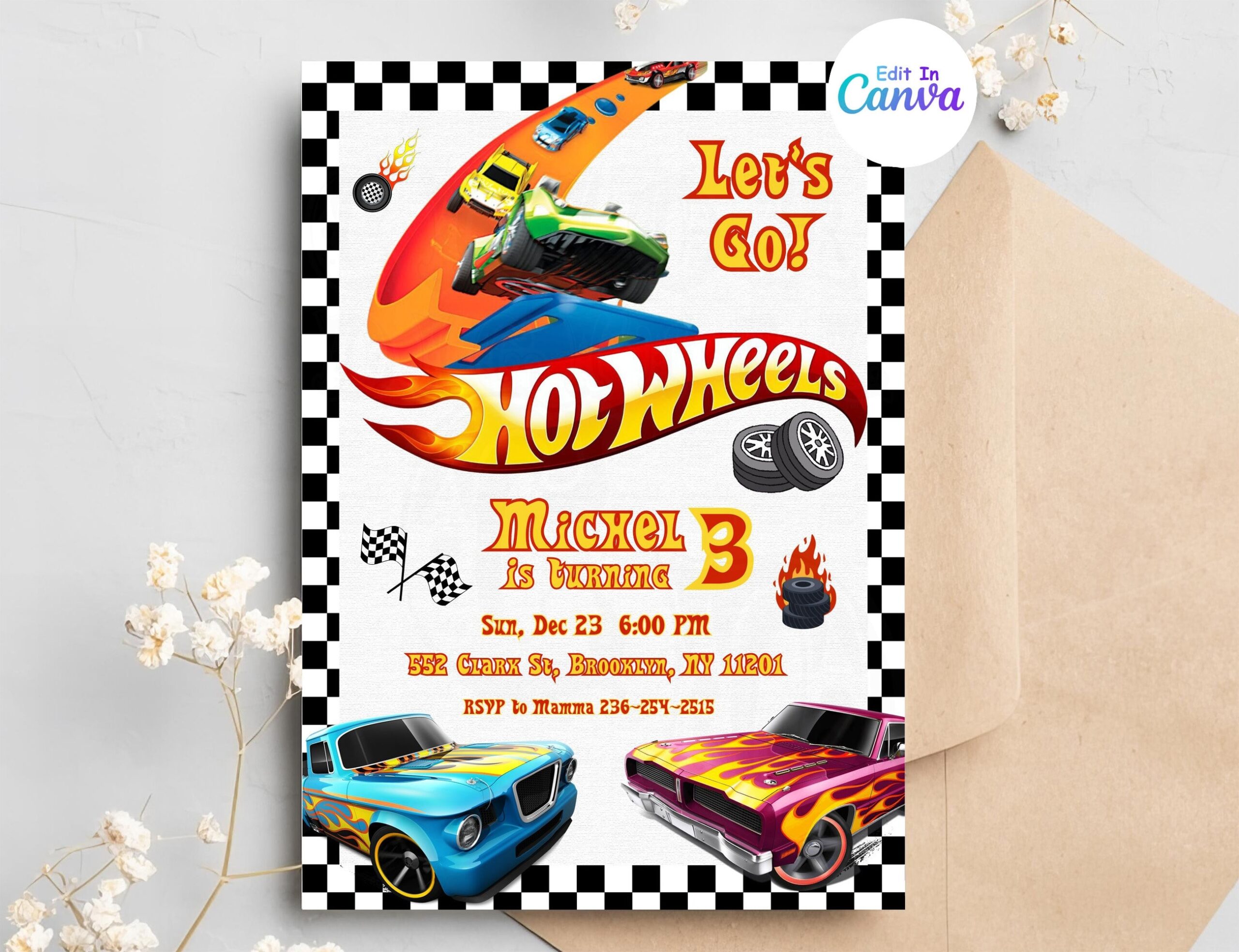 Hot Car Wheel Invitation Race Cars Birthday Invitation Digital 