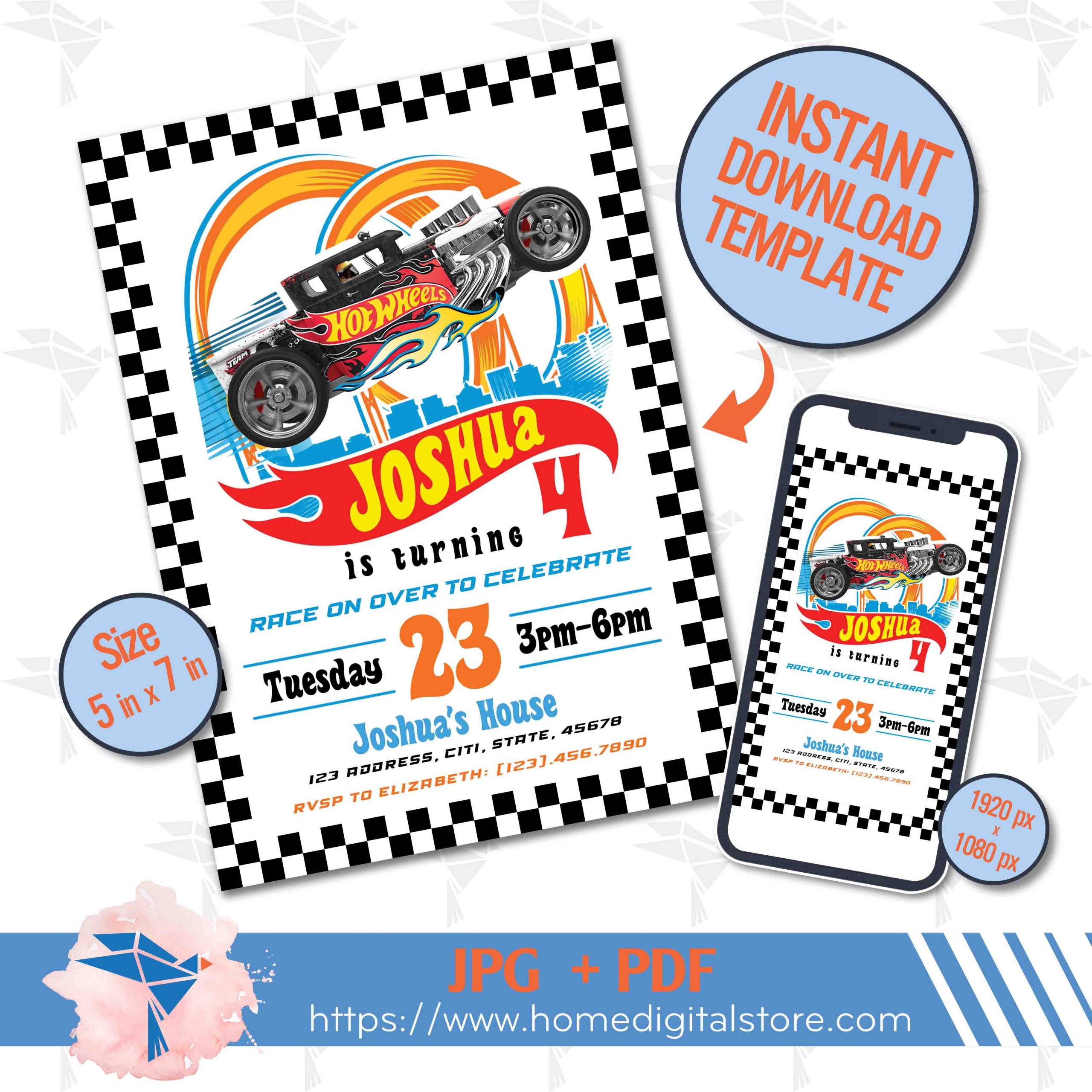 Hot Wheels Birthday Invitation JPG PDF Custom Design Files For Birthday Printing Or More