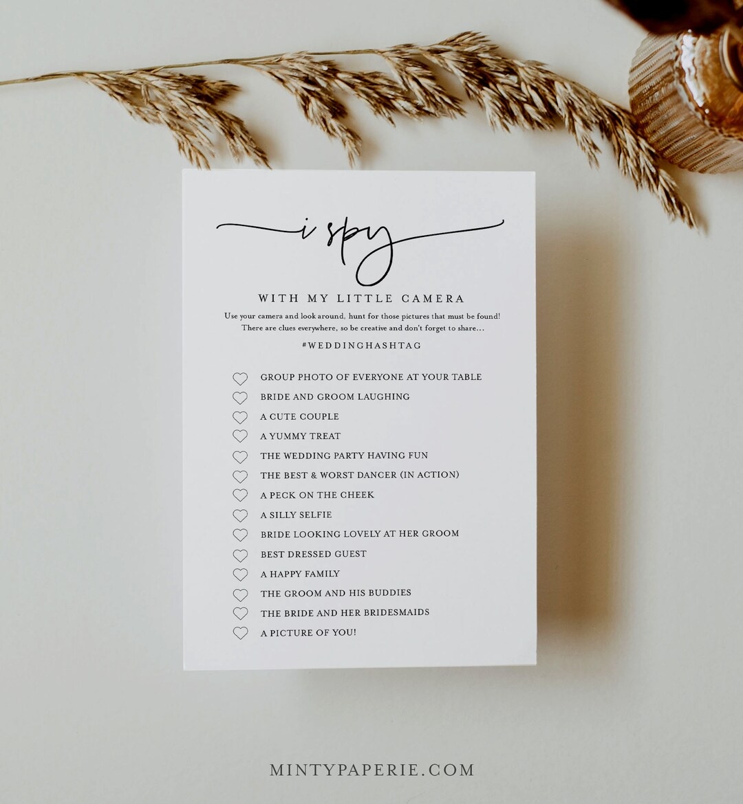 I Spy Wedding Game Printable Card And Sign Editable Template Minimalist Photo Hunt Hashtag Instant Download Templett 0009 394BG Etsy