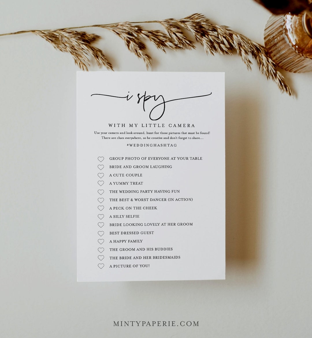 I Spy Wedding Game Printable Card And Sign Editable Template Minimalist Photo Hunt Hashtag Instant Download Templett 0009 394BG Etsy