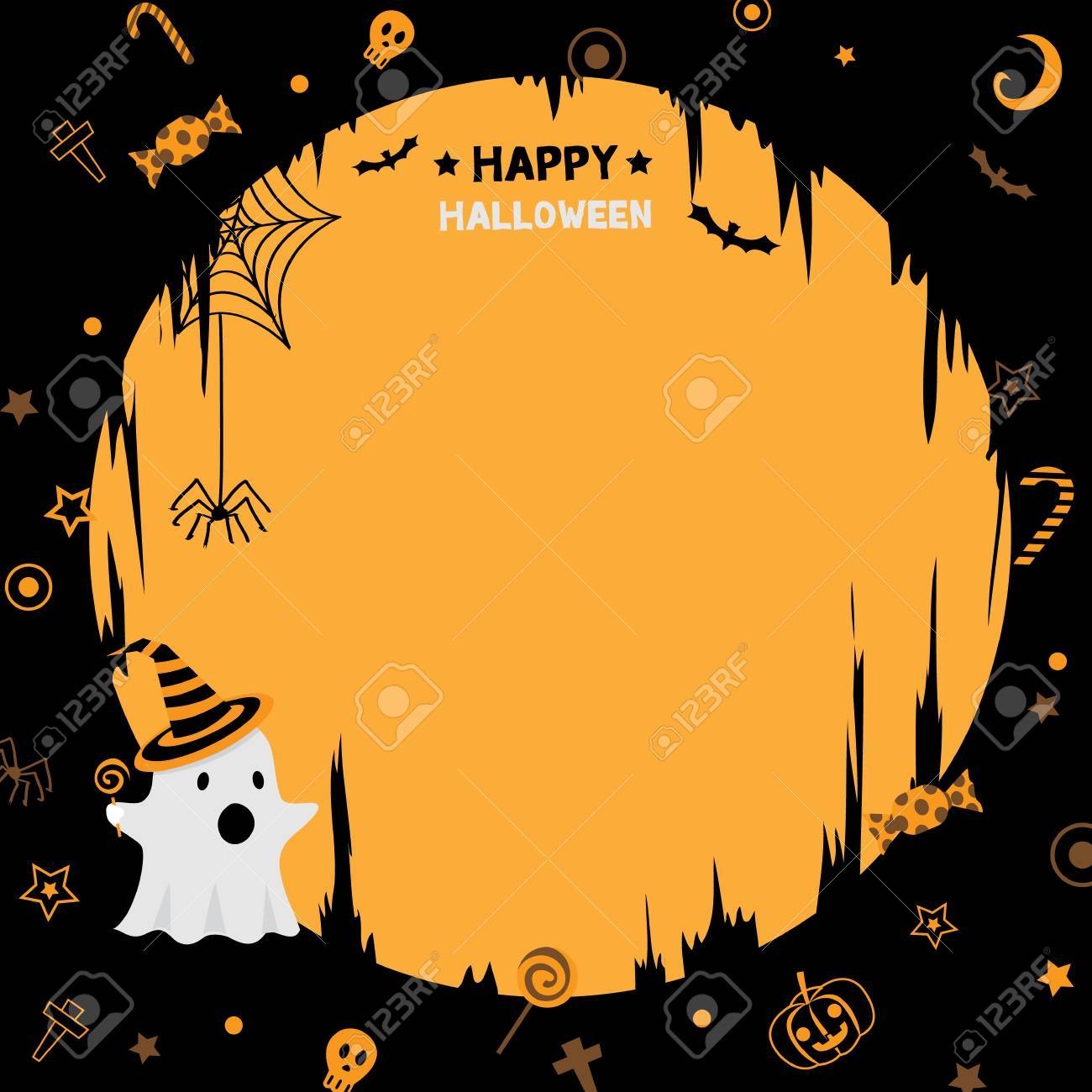 Illustration Vector Of Happy Halloween Party Template With Little Cute Ghost Orange And Black Background Colors Blank For Copy Text Royalty Free SVG Cliparts Vectors And Stock Illustration Image 66675903 