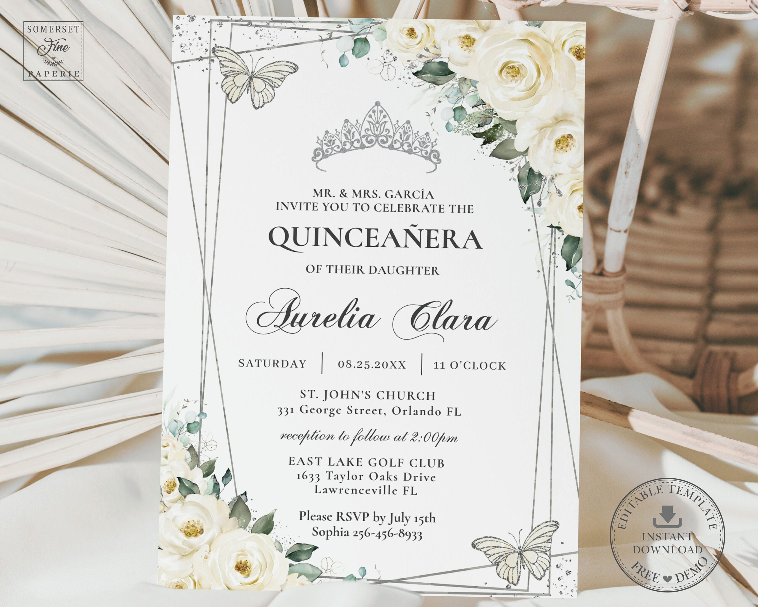 Ivory White Floral Silver Butterflies Quincea era Invitation EDITABLE TEMPLATE Mis Quince 15 Anos Birthday Instant Download Printable QC21 Etsy