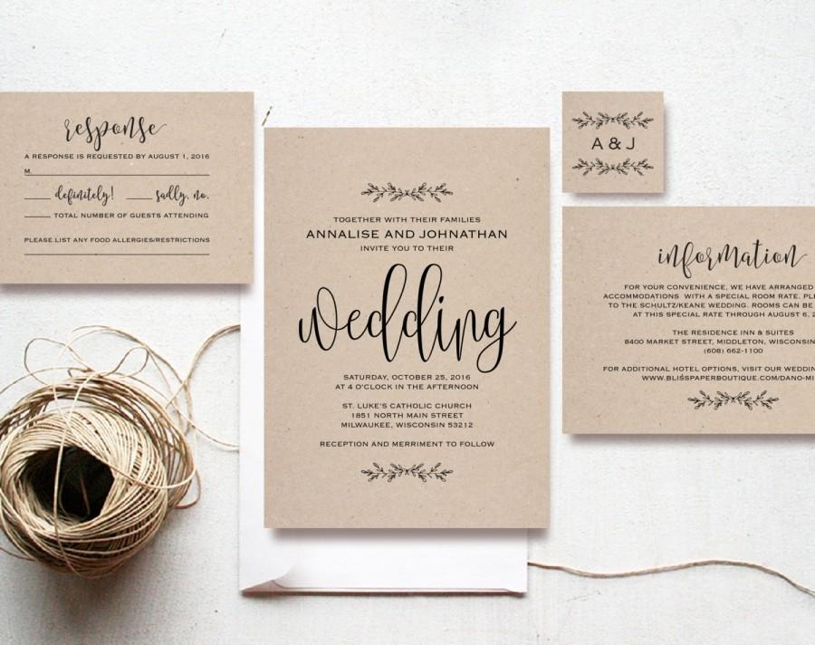 Kraft Wedding Invitation Printable Rustic Invitation Set Cheap 