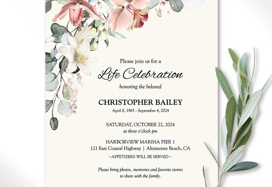 Lily Celebration Of Life Invitation Template For Funeral Memorial