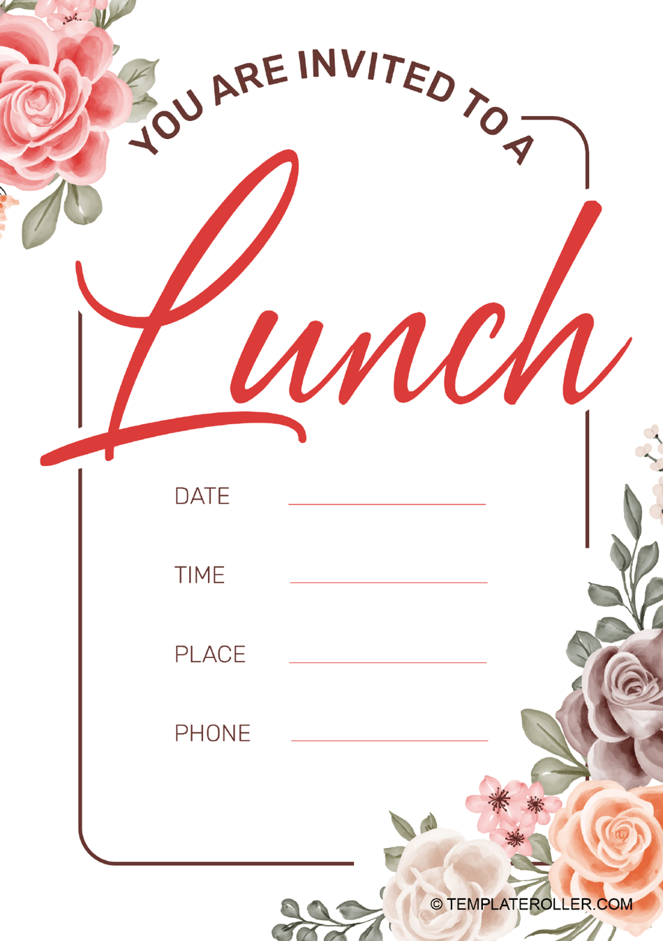 Lunch Invitation Template Roses Download Printable PDF 
