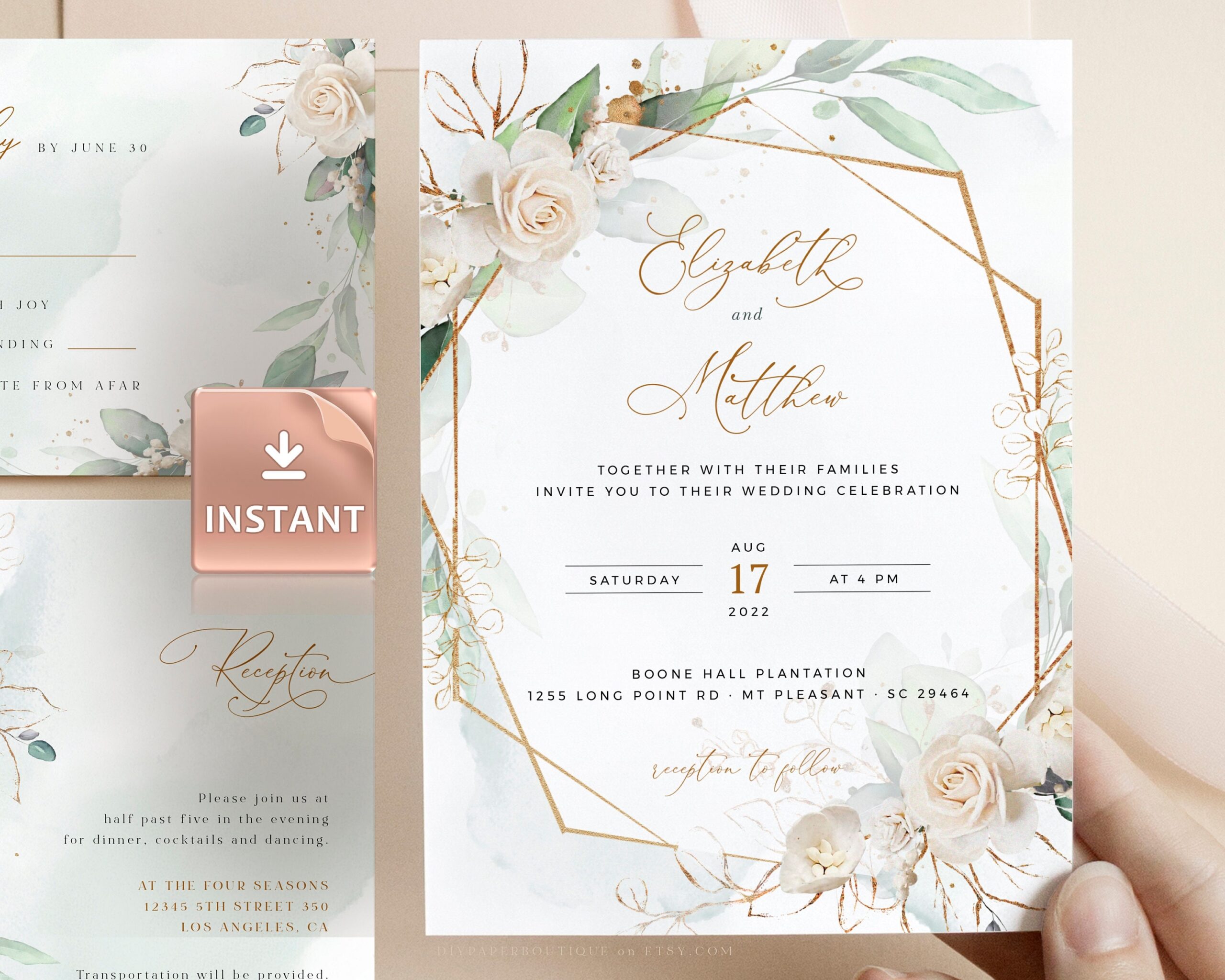 MARCI Geometric Wedding Invitation Template White Rose Faux 