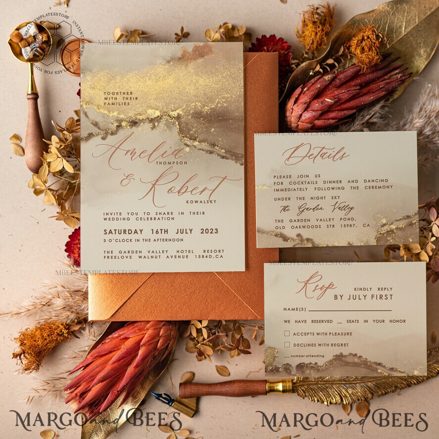 Modern Glam Wedding Invitation Template Instant Download Printable Invites Home Printing Gold Boho Wedding Invitation Card Set Terracotta 