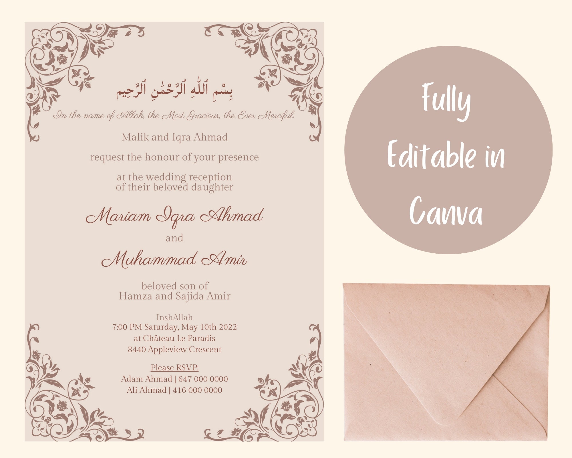 Muslim Wedding Invitation Editable Printable Canva Template 