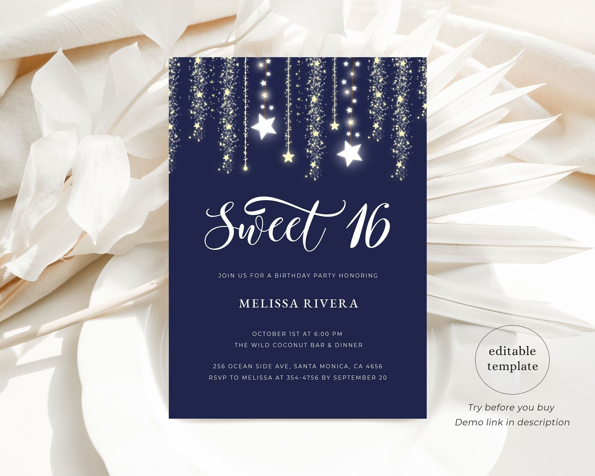 Navy Blue Sweet 16 Invitation Digital Editable Sweet 16 Invitation Template 16th Birthday Invite Sweet Sixteen 16th Birthday Party Etsy