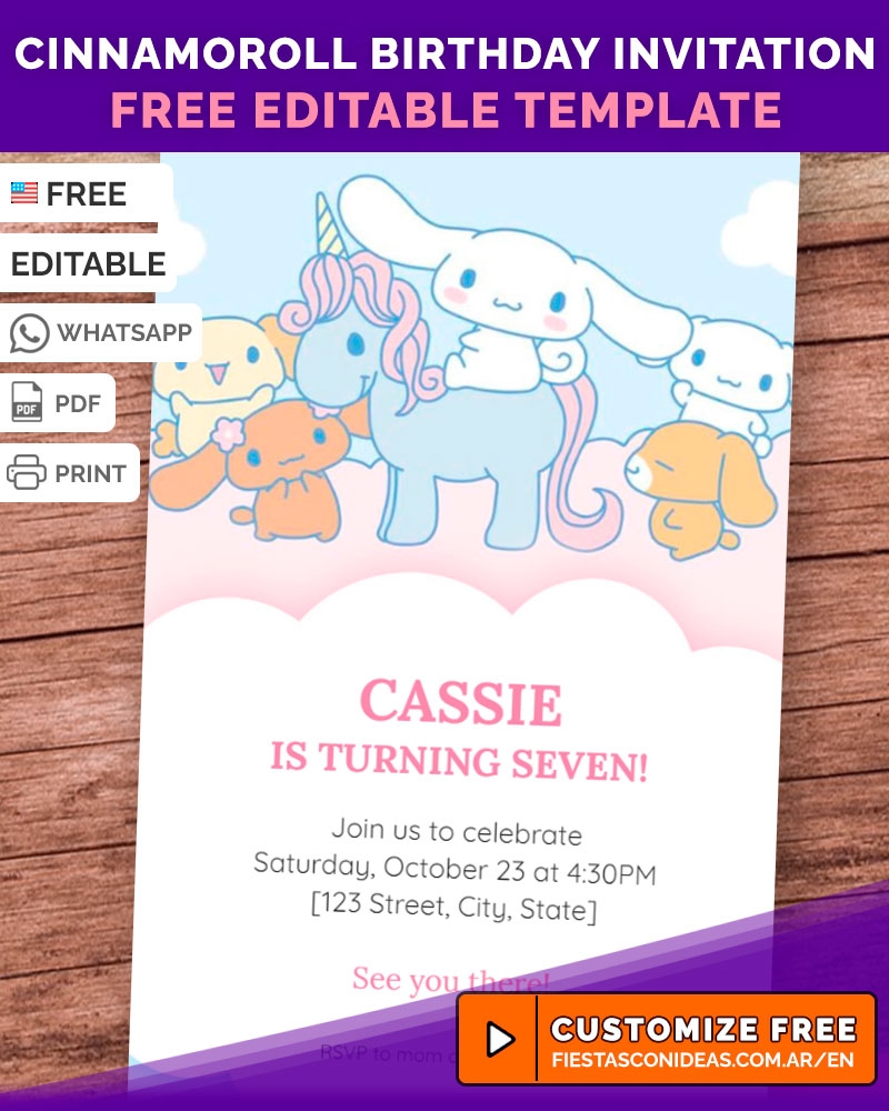NEW Free Cinnamoroll Invitation Templates For Birthdays WhatsApp PDF E Imprimir