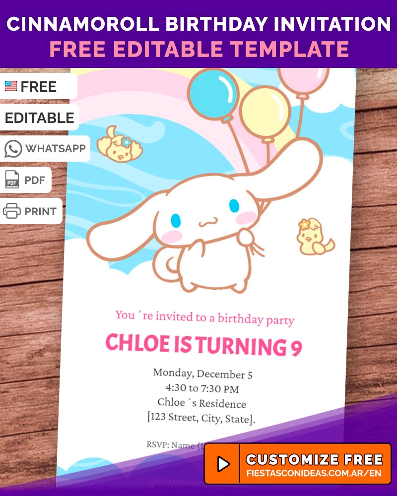 NEW Free Cinnamoroll Invitation Templates For Birthdays WhatsApp PDF E Imprimir