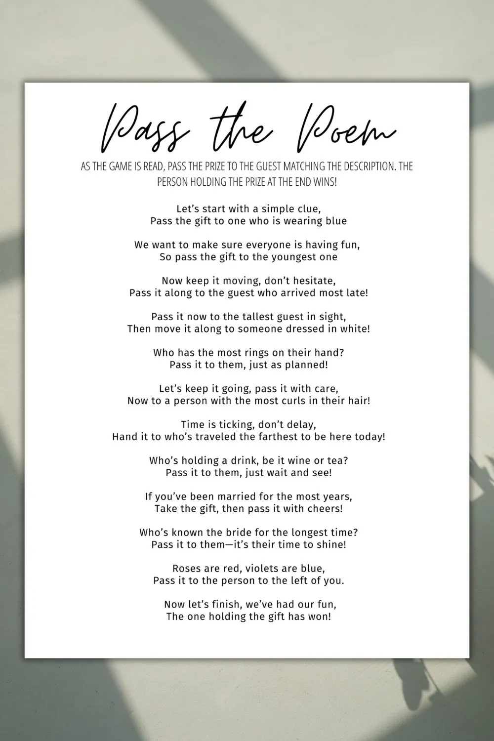Pass The Poem Bridal Shower Game With FREE Printable