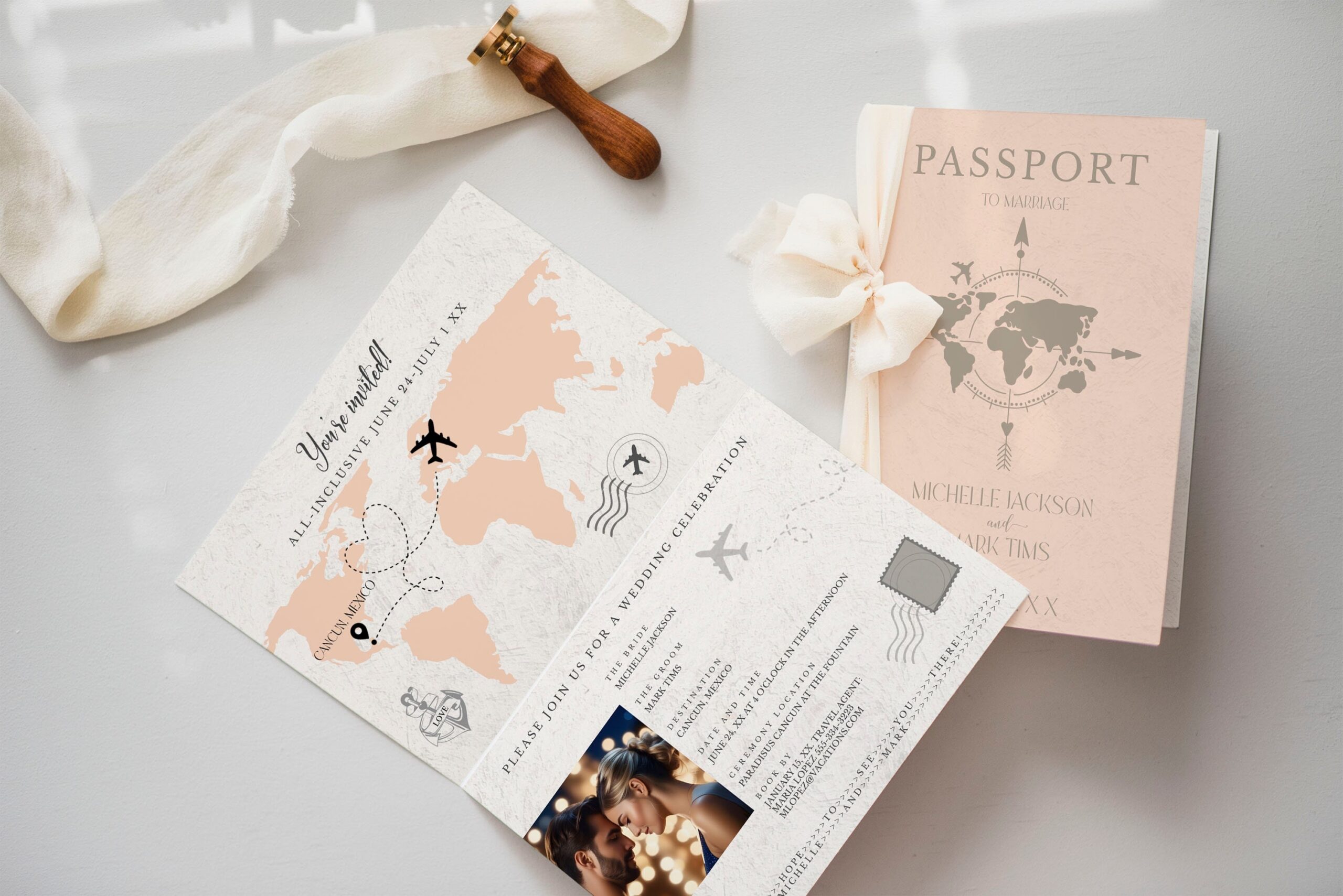 Peach Fuzz Printable Passport Wedding Invitation Template Destination 