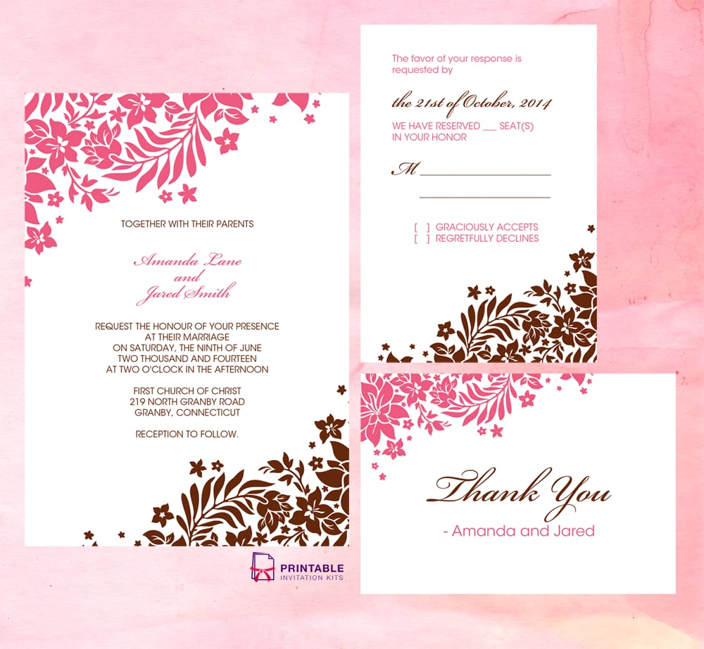 Pink And Brown Foliage Wedding Invitation Free Printable Wedding 