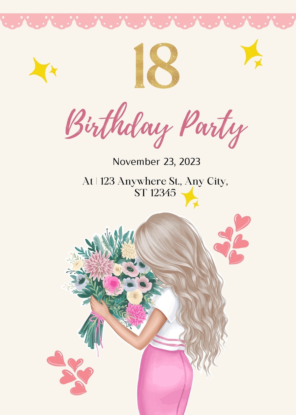 Pink Eighteenth Illustrated Girl Birthday Party Invitation