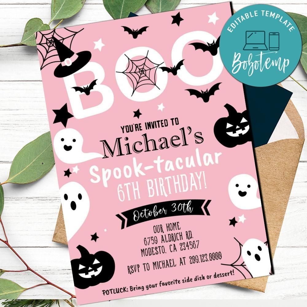 Pink Halloween Birthday Party Invitation Template Printable DIY Bobotemp