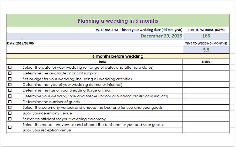 Planning A Wedding In 6 Months Wedding Checklist Printable