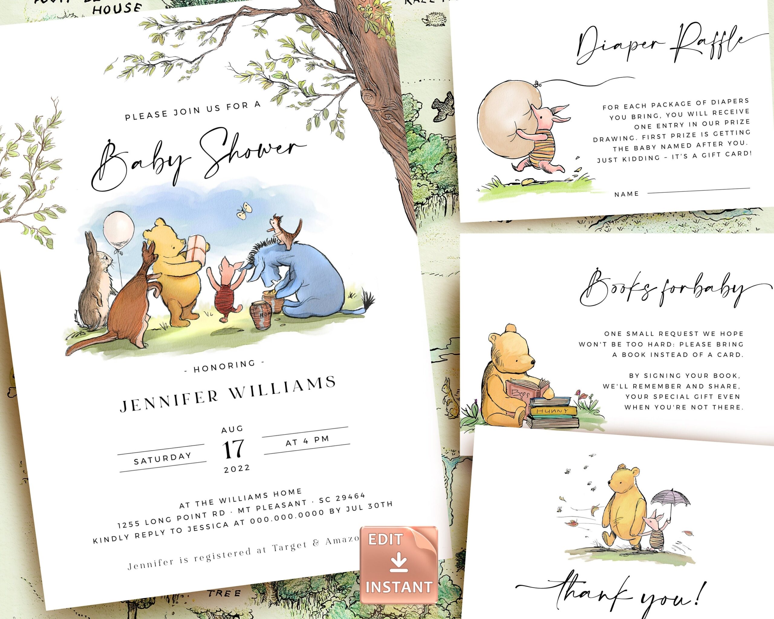 POOH Baby Shower Invitation Classic Winnie the pooh Baby Sprinkle Diaper Raffle Book Request Thank You Card Editable Template Etsy