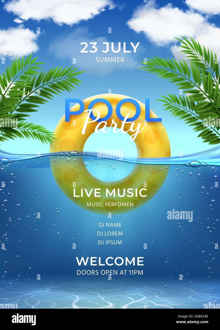 Pool Party Summer Swimming Party Invitation Template With Inflatable Ring Palm Leaves Water And Sky With Clouds Realistic Vector Poster Stock Vector Image U0026 Art Alamy