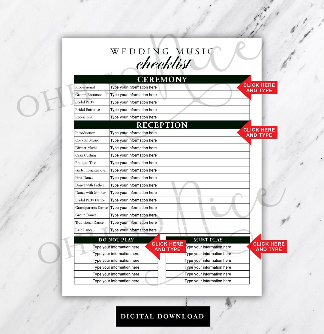 Printable And Fillable Wedding Music List For Ceremony And 