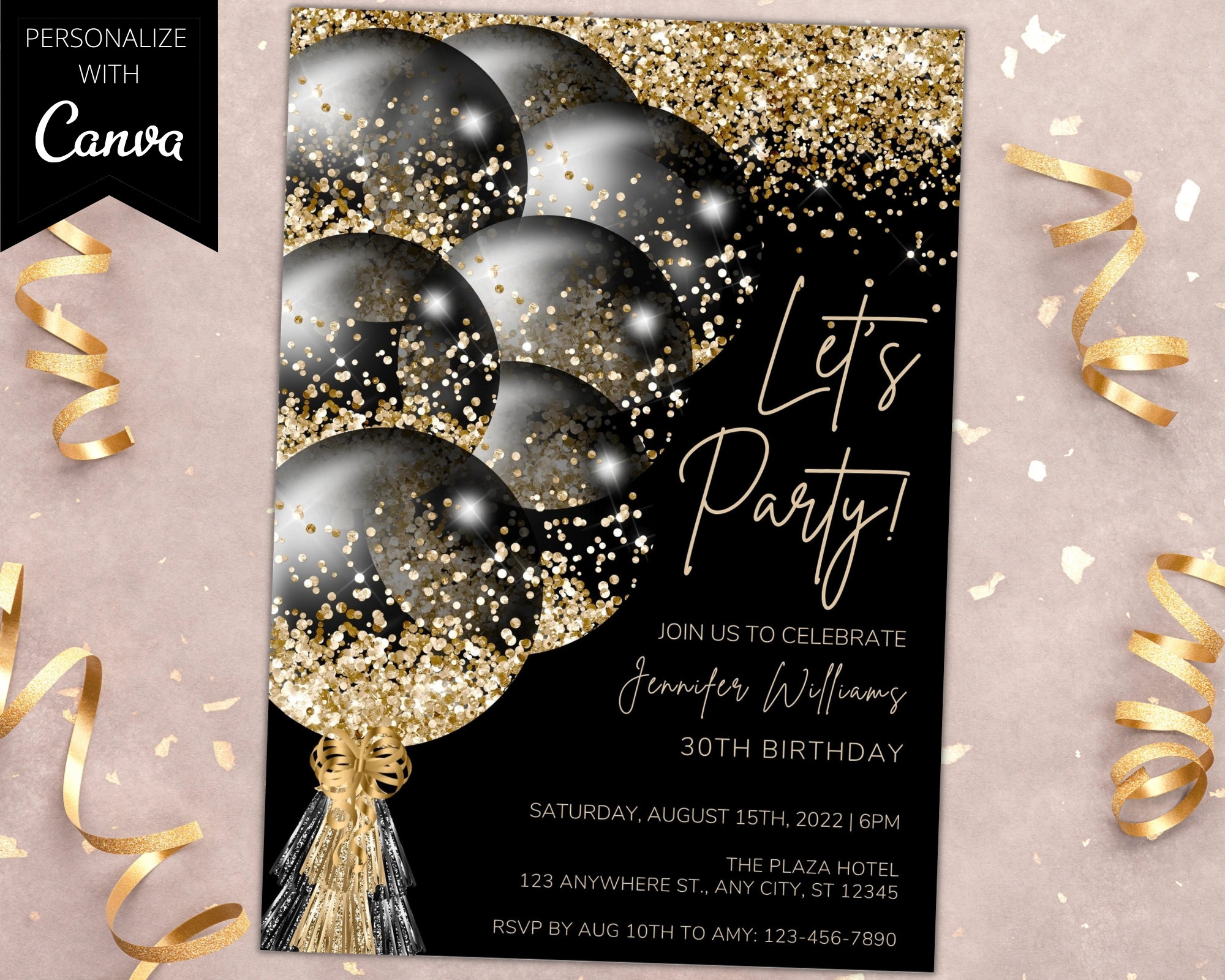 Printable Black Gold Glitter Balloons Birthday Party Invitation Printable Invite Let s Party Any Age Editable Template Instant Download Etsy Singapore