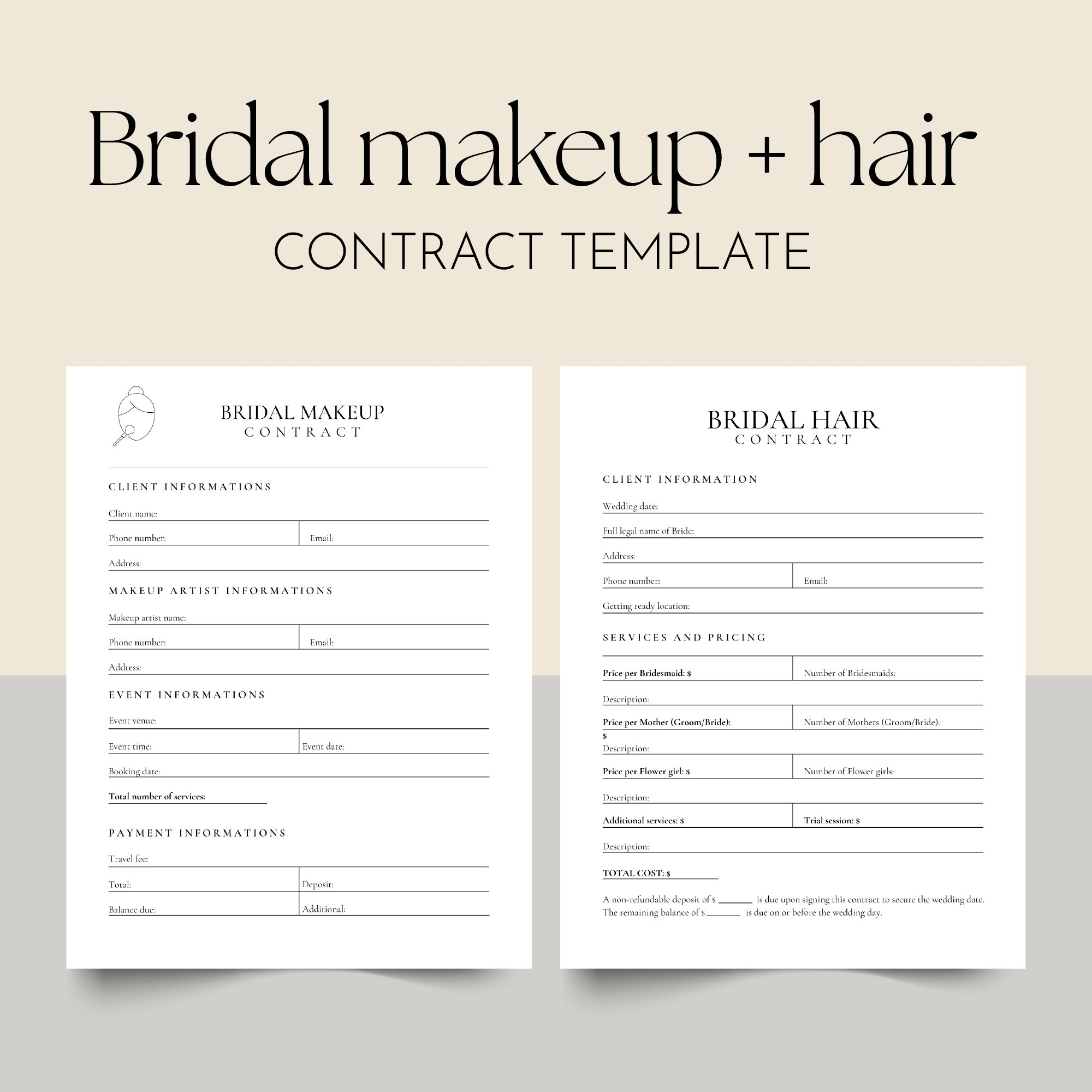 Printable Bridal Makeup Hair Contract Template Wedding Forms Beauty 