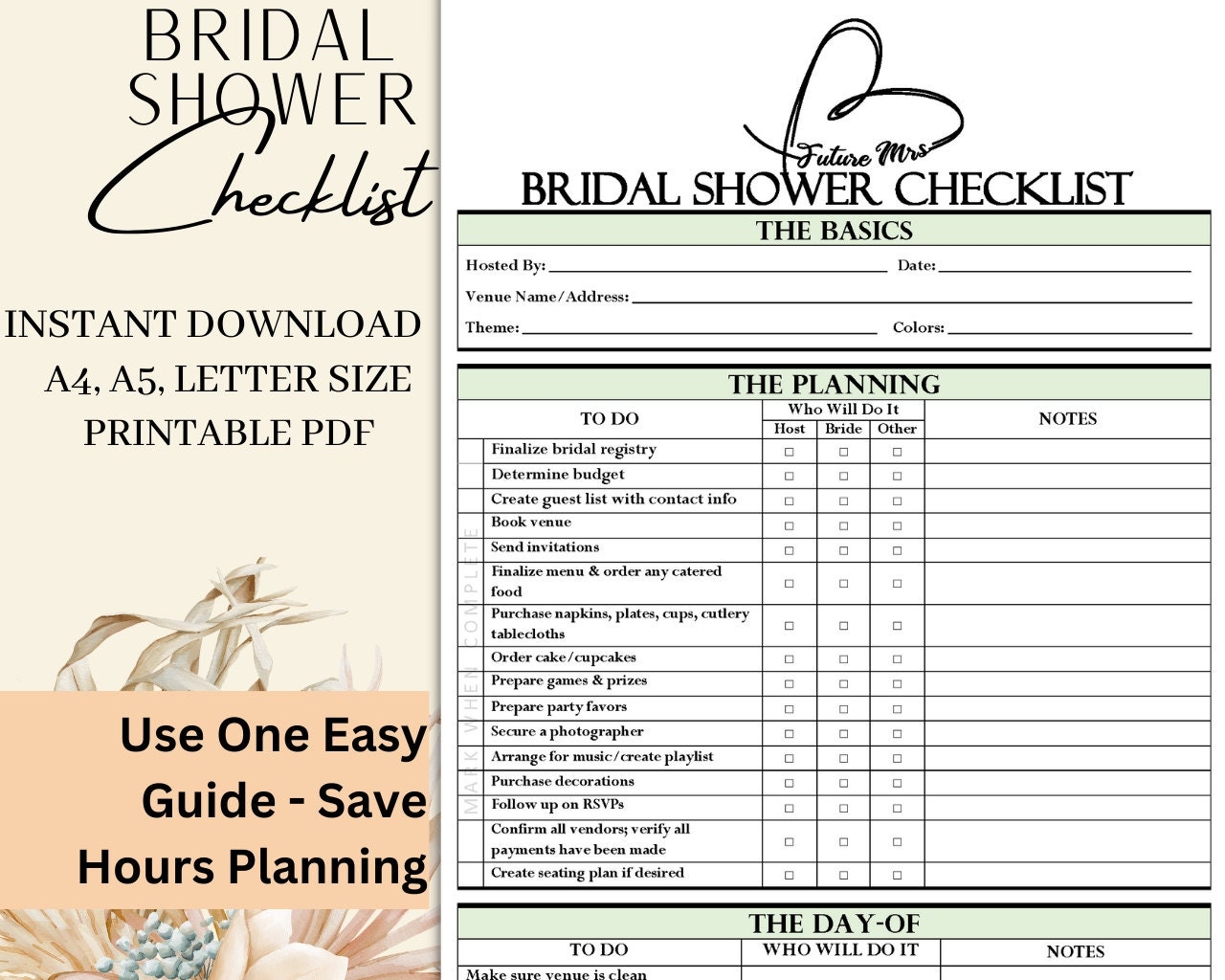 Printable Bridal Shower Checklist Instant Download Bridal Shower Guide Etsy