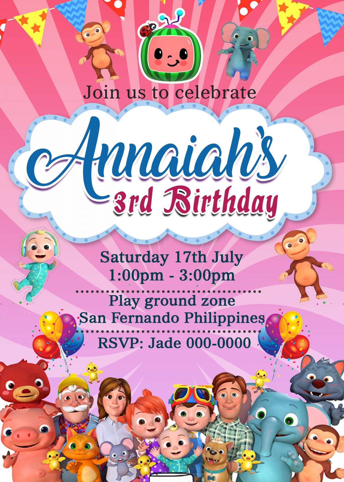 Printable Cocomelon Party Invitation 4 X 6 Or 5 X 7 Template Free Backside Jamakodesigns
