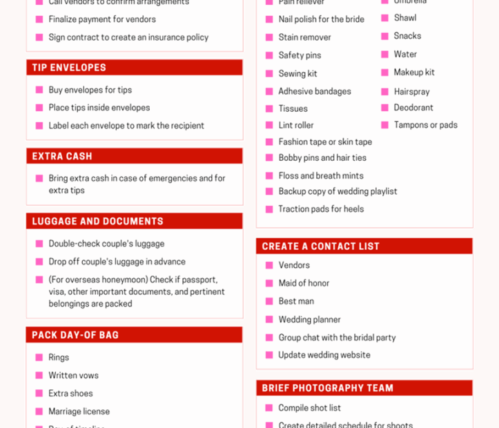Printable Day Of Wedding Coordinator Checklist