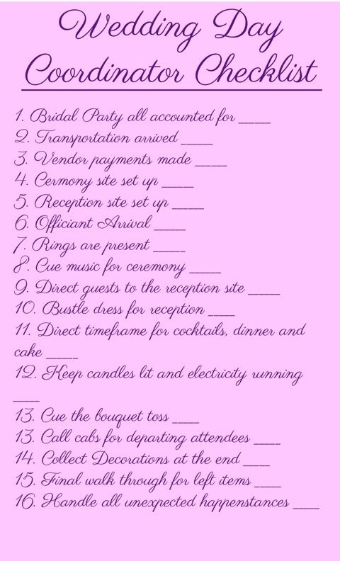 Printable Day Of Wedding Coordinator Checklist