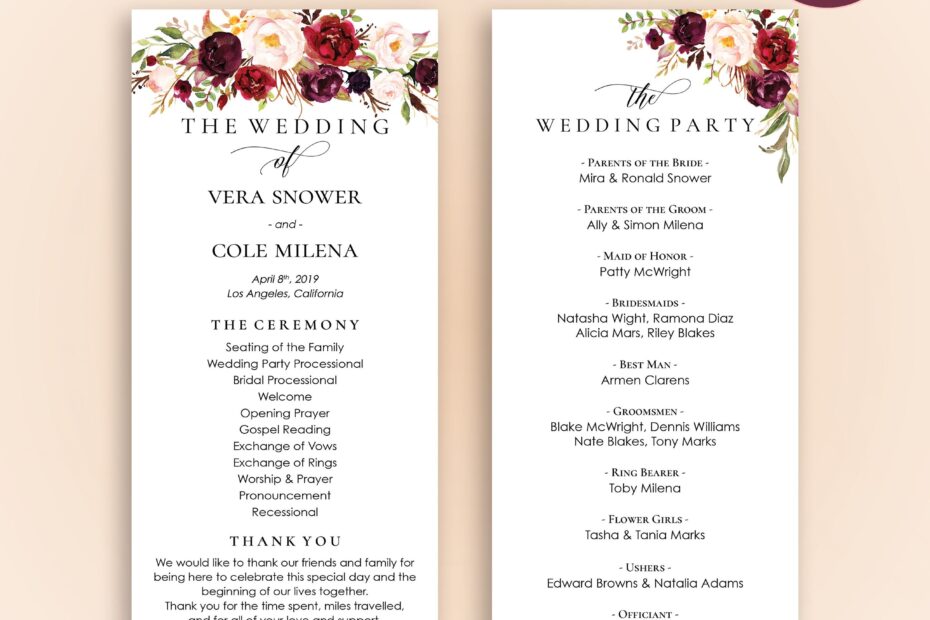 Printable Downloadable Wedding Program Template Printable Templates