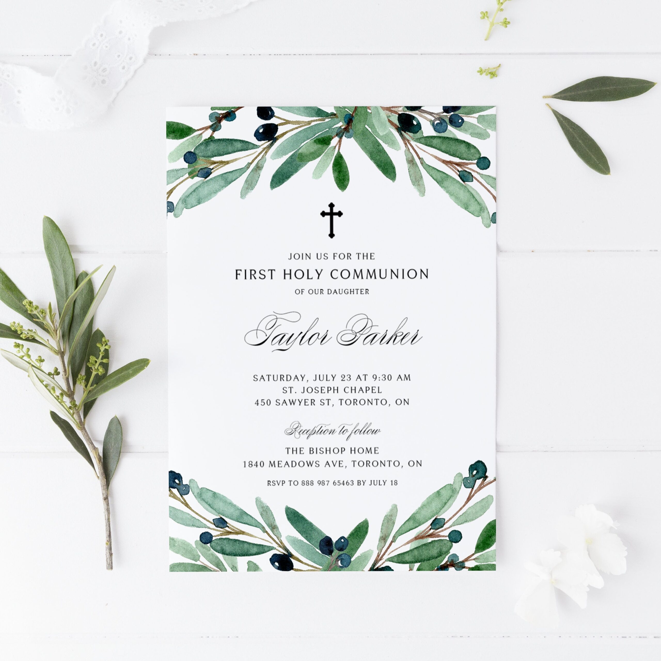 Printable Greenery First Holy Communion Invitation Template DIY 