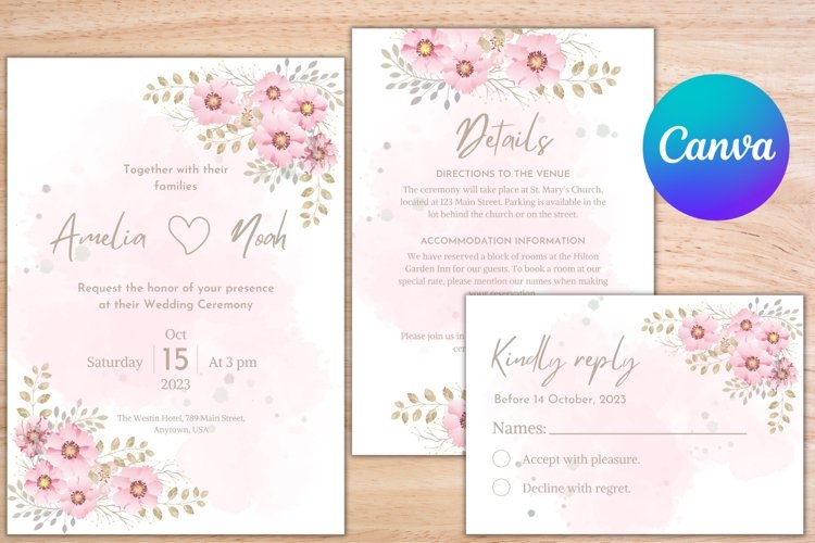 Printable Minimalist Floral Wedding Invitation Template Set