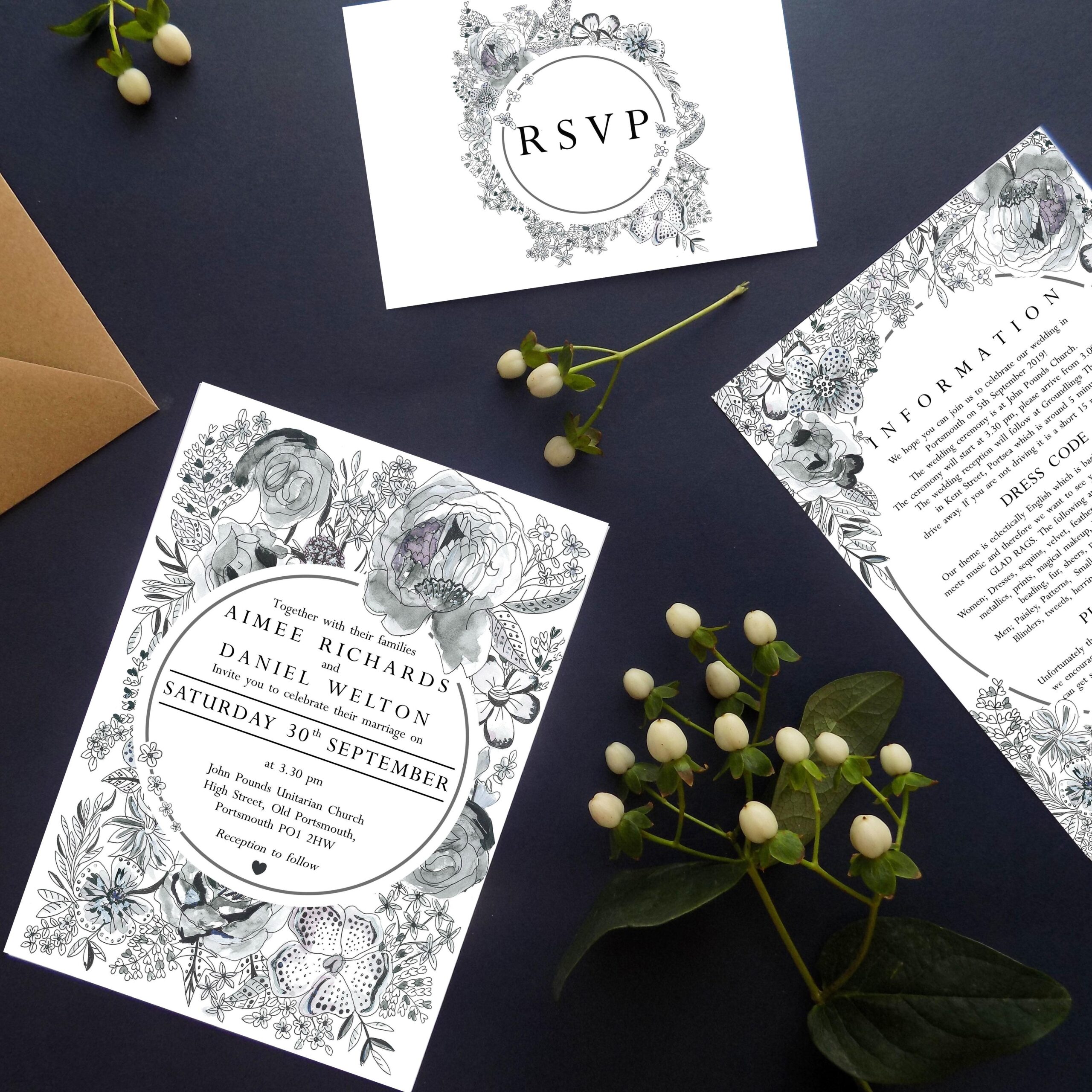 Printable Monochrome Floral Wedding Invitation Suite