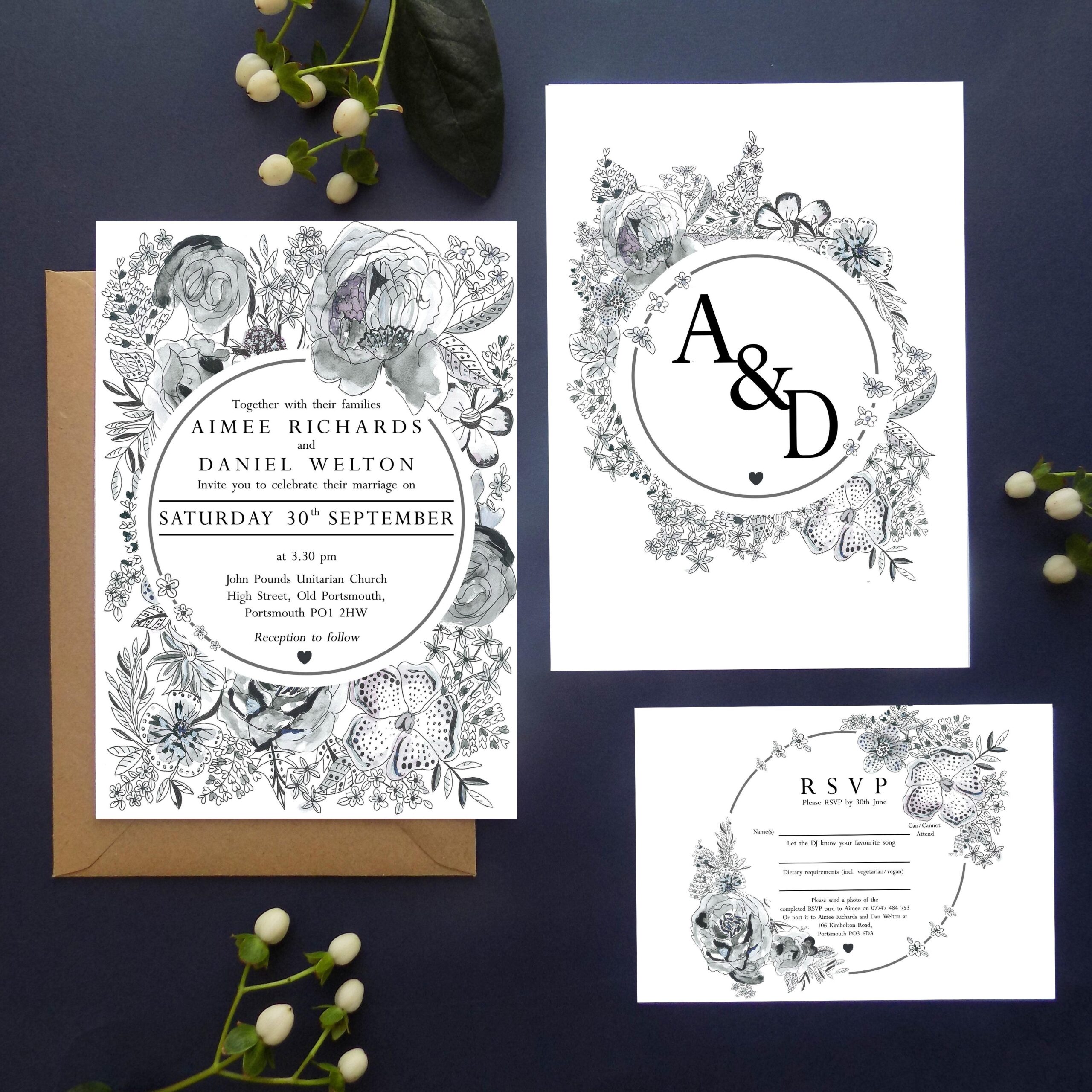 Printable Monochrome Floral Wedding Invitation Suite
