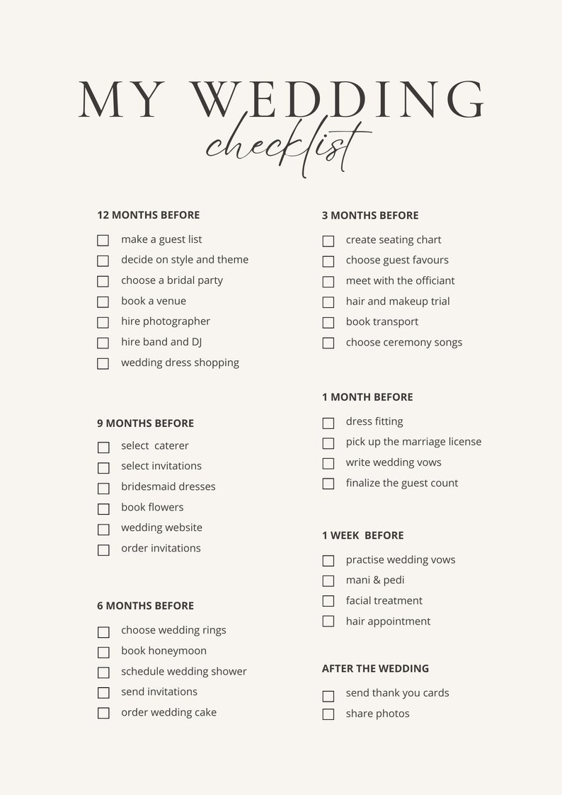 Printable My Wedding Checklist Etsy
