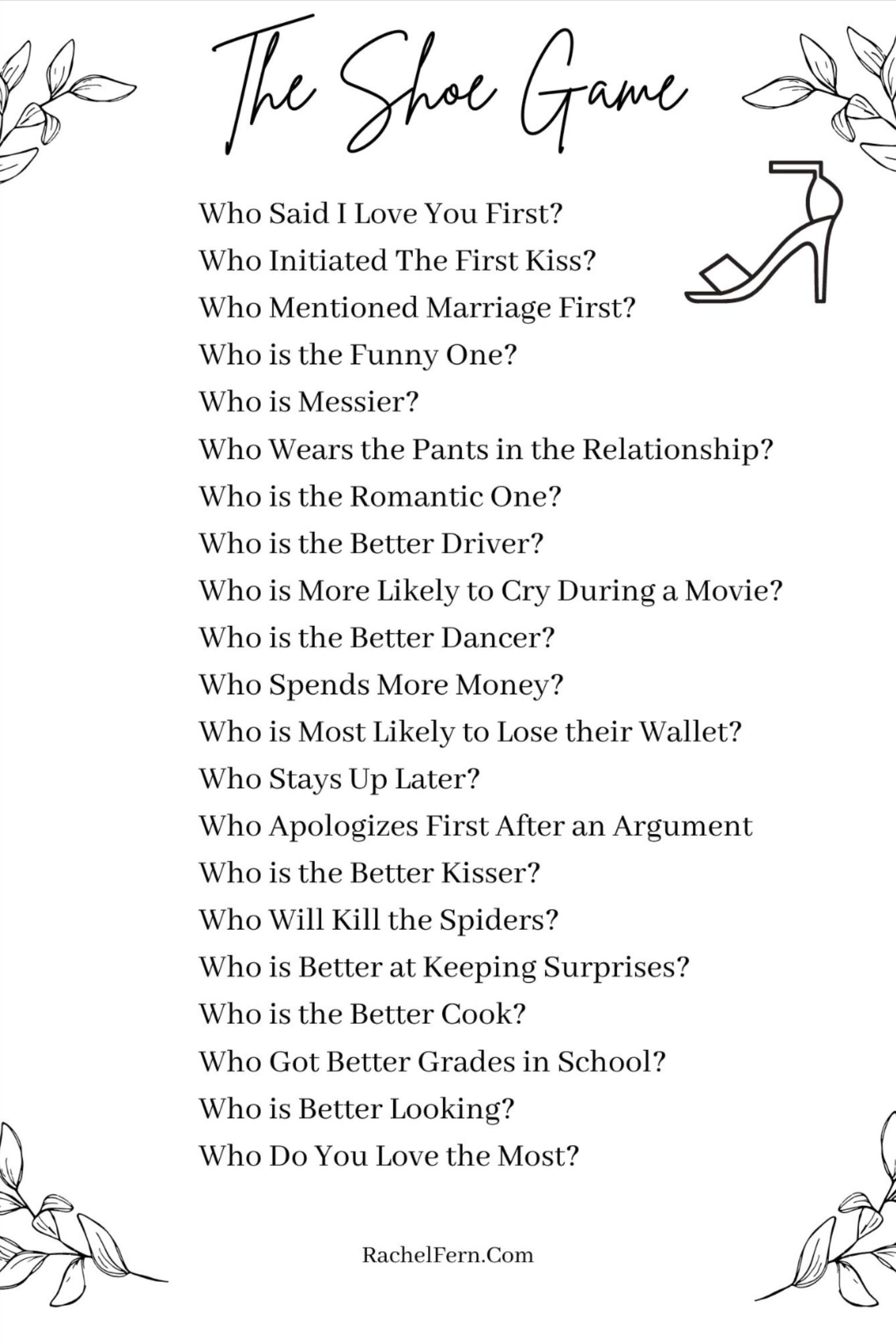 Printable Shoe Game Questions weddinggames wedding marriagegames weddinggameprintouts