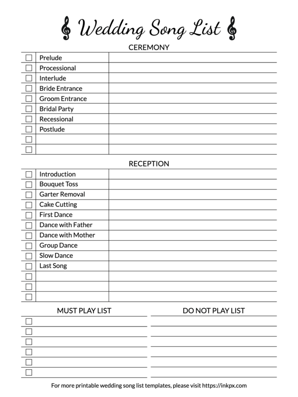 Printable Simple Wedding Music Checklist Template InkPx